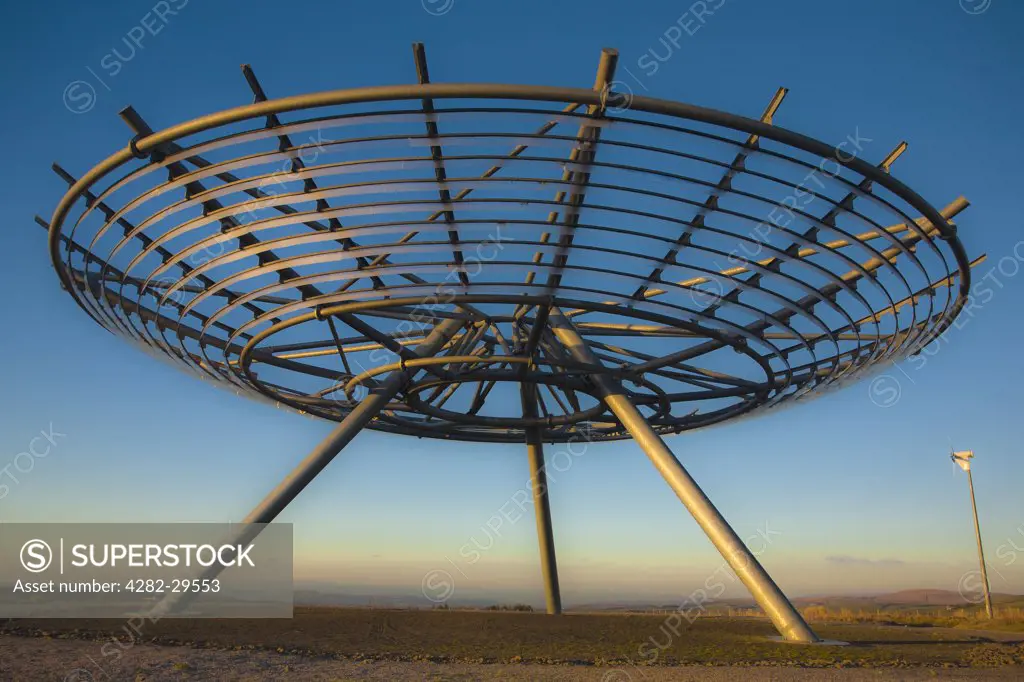 England, Lancashire, Top o' Slate, Rossendale. 'Halo', an 18m-diameter steel lattice Panoptican constructed on Top o' Slate, an old quarry and former landfill site situated in the hills above Haslingden in the Rossendale Valley.