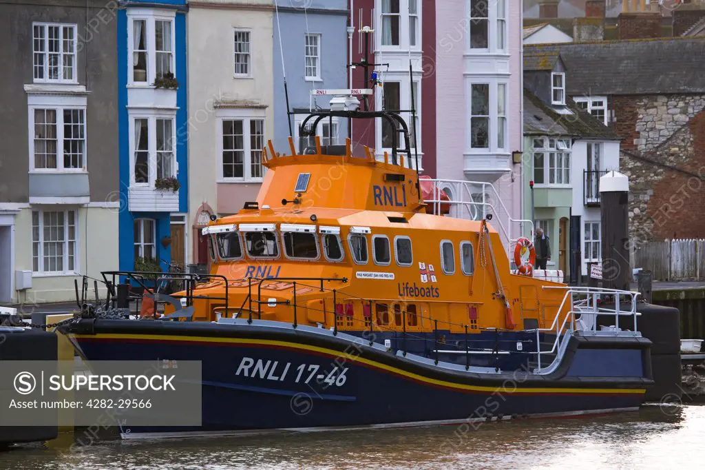 England, Dorset, Weymouth. RNLI Severn class lifeboat moored in Weymouth Harbour. The Severn class is the largest lifeboat operated by RNLI.