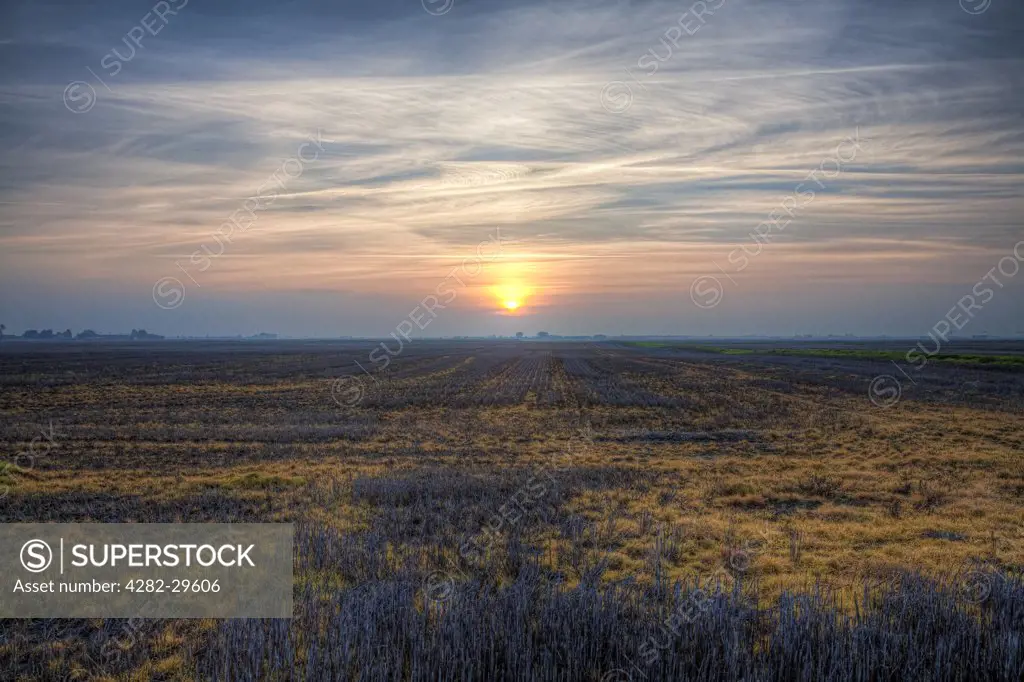 England, Cambridgeshire, March. Sunset over flat fields in the Cambridgeshire fens.