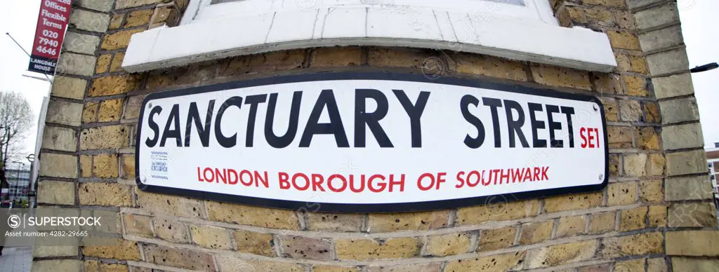 England, London, Southwark. Sanctuary Street SE1 road sign in the London Borough of Southwark.