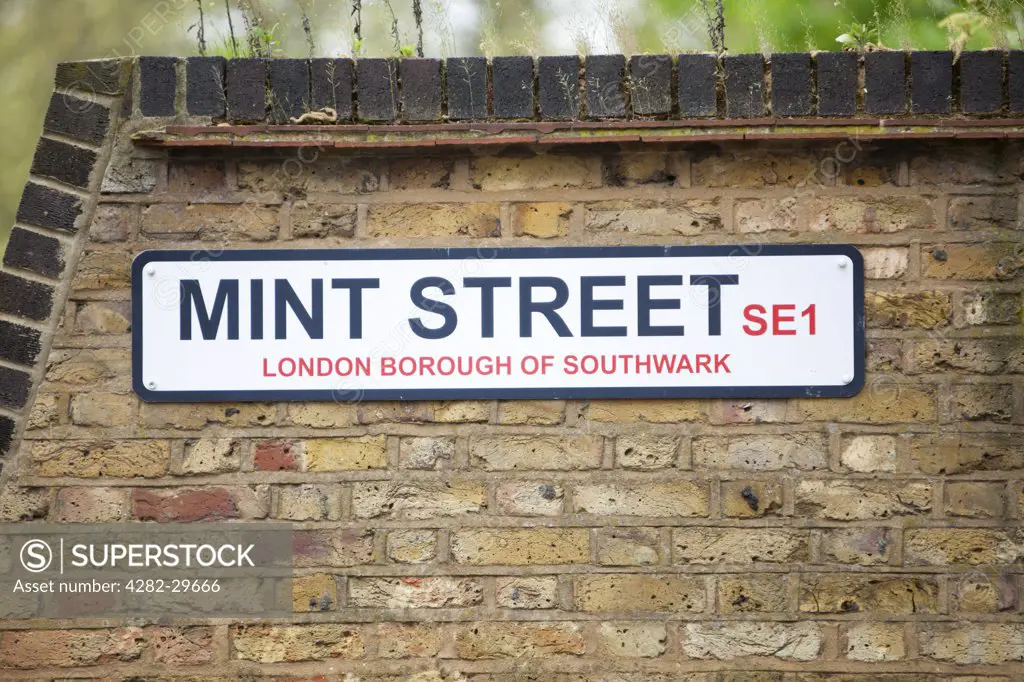 England, London, Southwark. Mint Street SE1 road sign in the London Borough of Southwark.