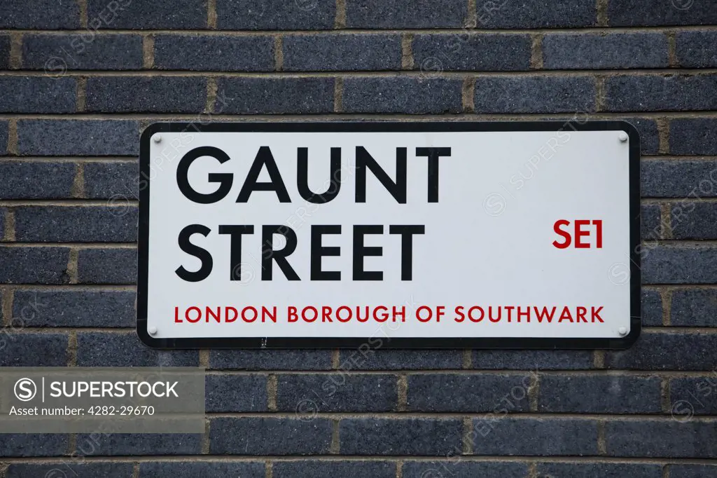 England, London, Southwark. Gaunt Street SE1 road sign in the London Borough of Southwark.