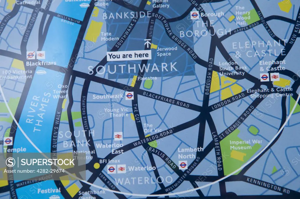 England, London, Southwark. A public street map in the London Borough of Southwark.