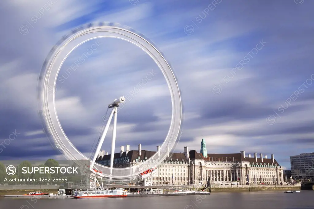 England, London, South Bank. The London Eye on the South Bank of the River Thames.