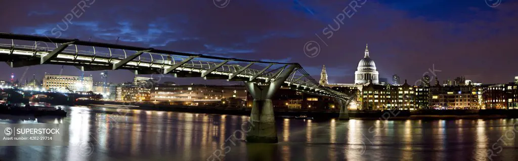 England, London, Millennium Bridge. A panoramic view of the Millennium Bridge spanning the River Thames between Bankside on the South Bank and St Paul's Cathedral on the North Bank.