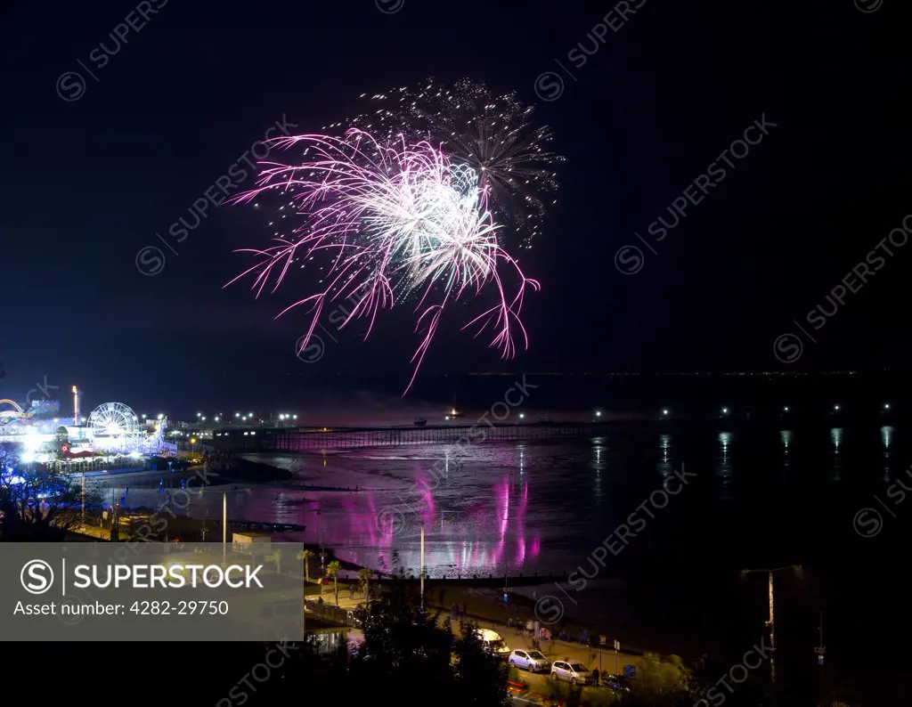 England, Essex, Southend on Sea. Firework display on the sea front at Southend on Sea.