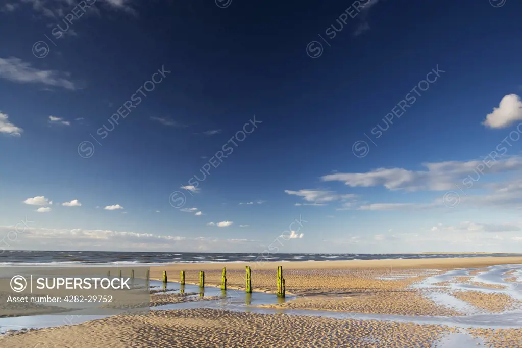 England, Norfolk, Brancaster. Brancaster beach at low tide in late evening light.