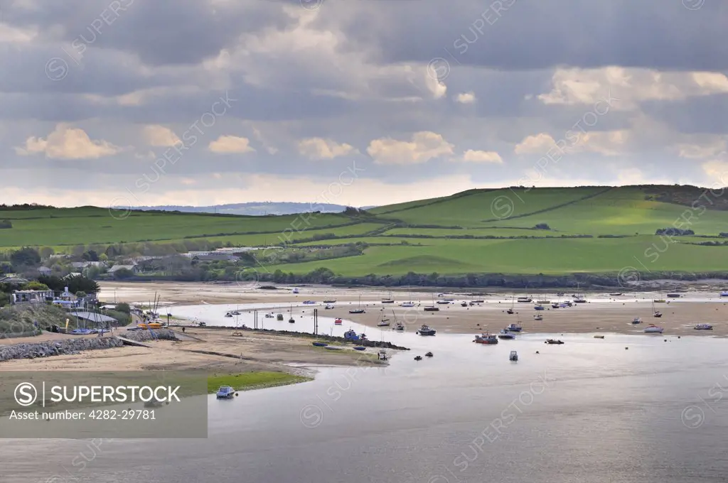 England, Cornwall, Rock. Boats moored in the Camel estuary, looking towards the port of Rock.