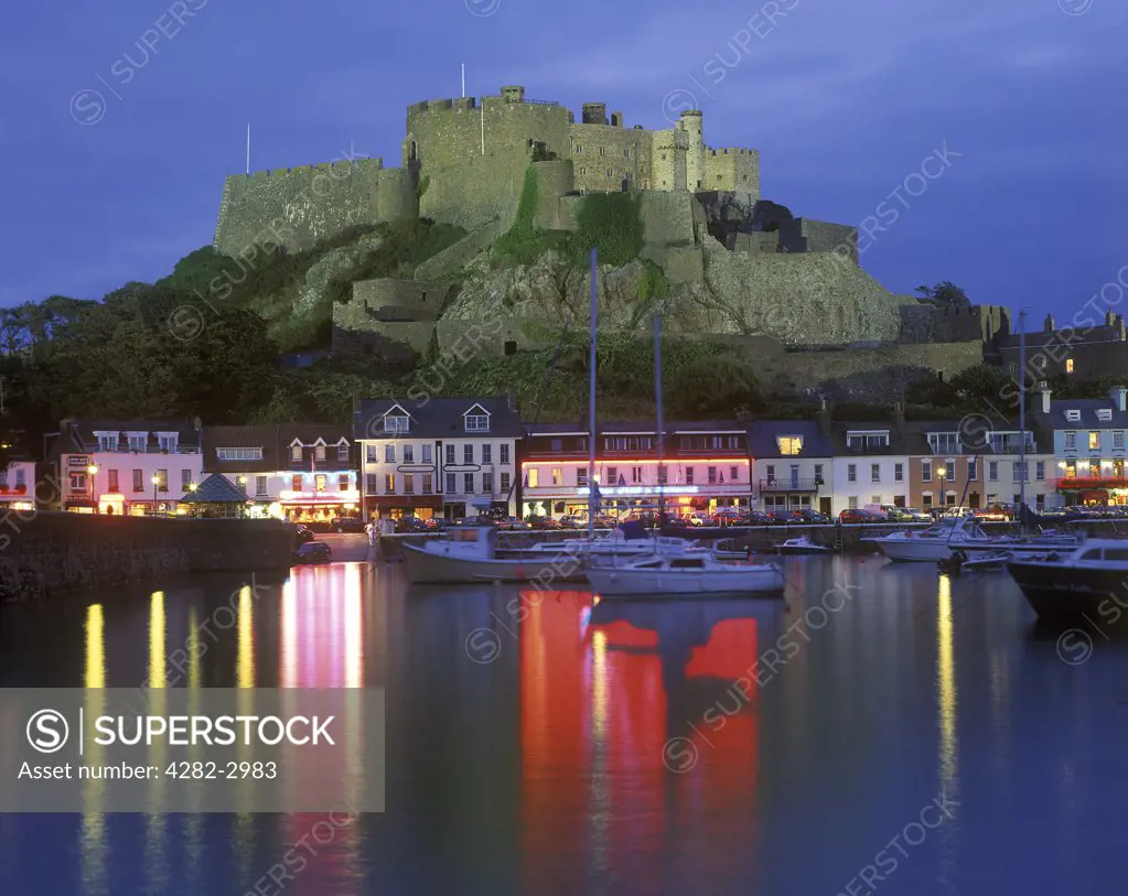 Channel Islands, Jersey, St. Helier. Reflections in the water of Mont Orgueil Castle.