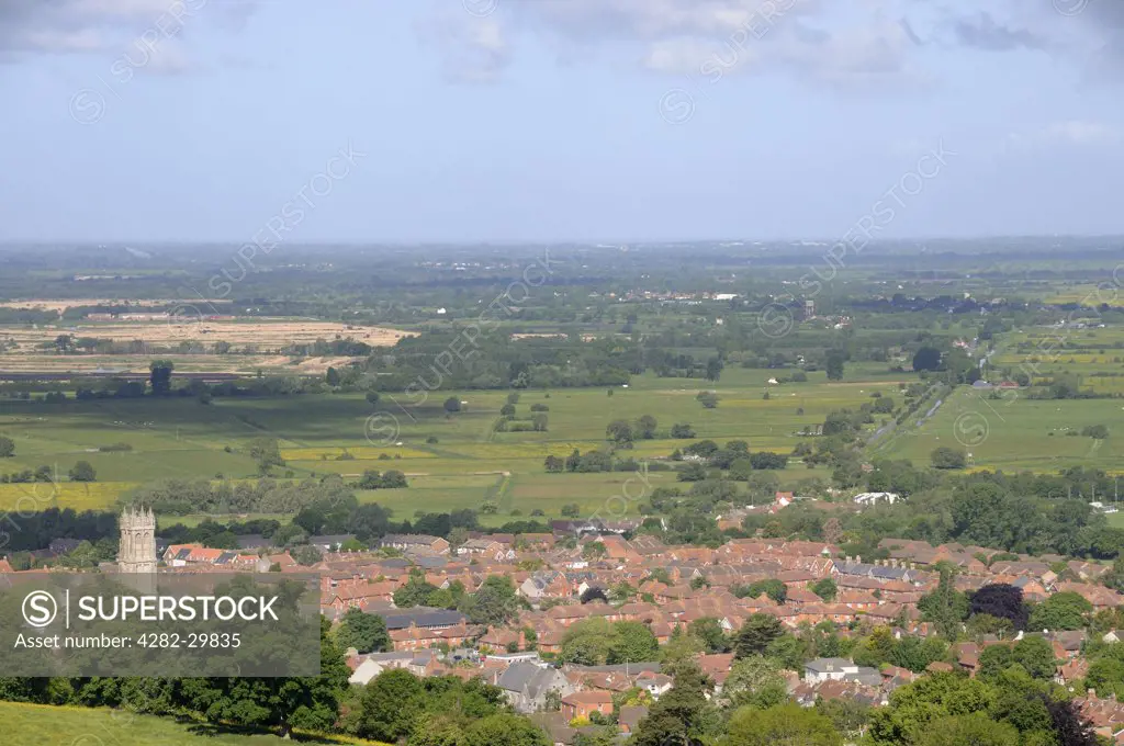 England, Somerset, Glastonbury. View from Glastonbury Tor over the town of Glastonbury and the Somerset Levels.