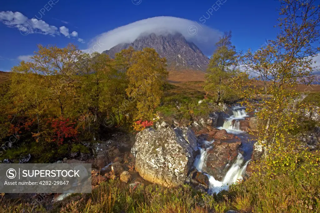 Scotland, Highland, Rannoch Moor. The Coupall Falls below Buchaille Etive Mor, one of the most recognisable mountains in Scotland, on Rannoch Moor.