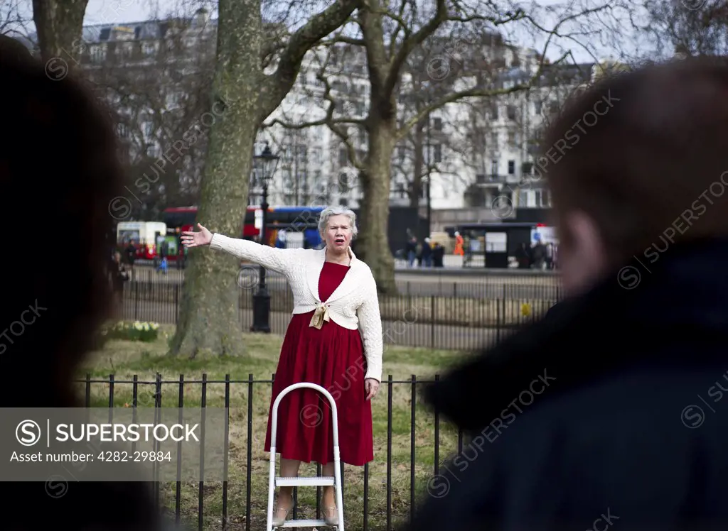 England, London, Hyde Park. A woman addressing a crowd at Speakers Corner in Hyde Park.