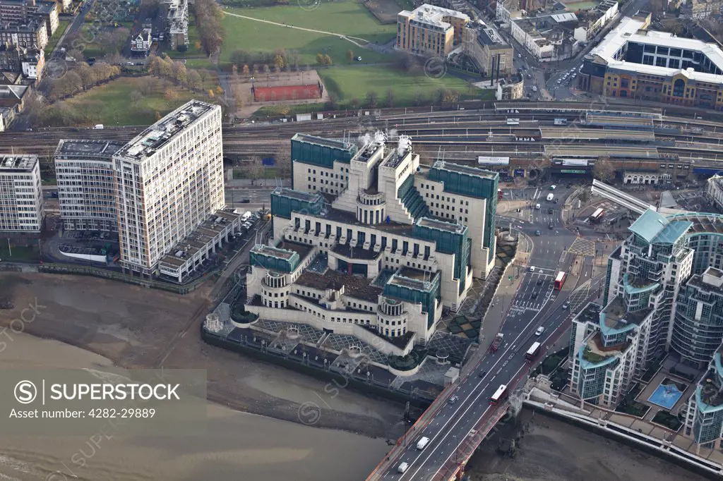 England, London, Vauxhall Cross. Aerial view of the MI6 Intelligence Services HQ at Vauxhall Cross on the South bank of the River Thames.