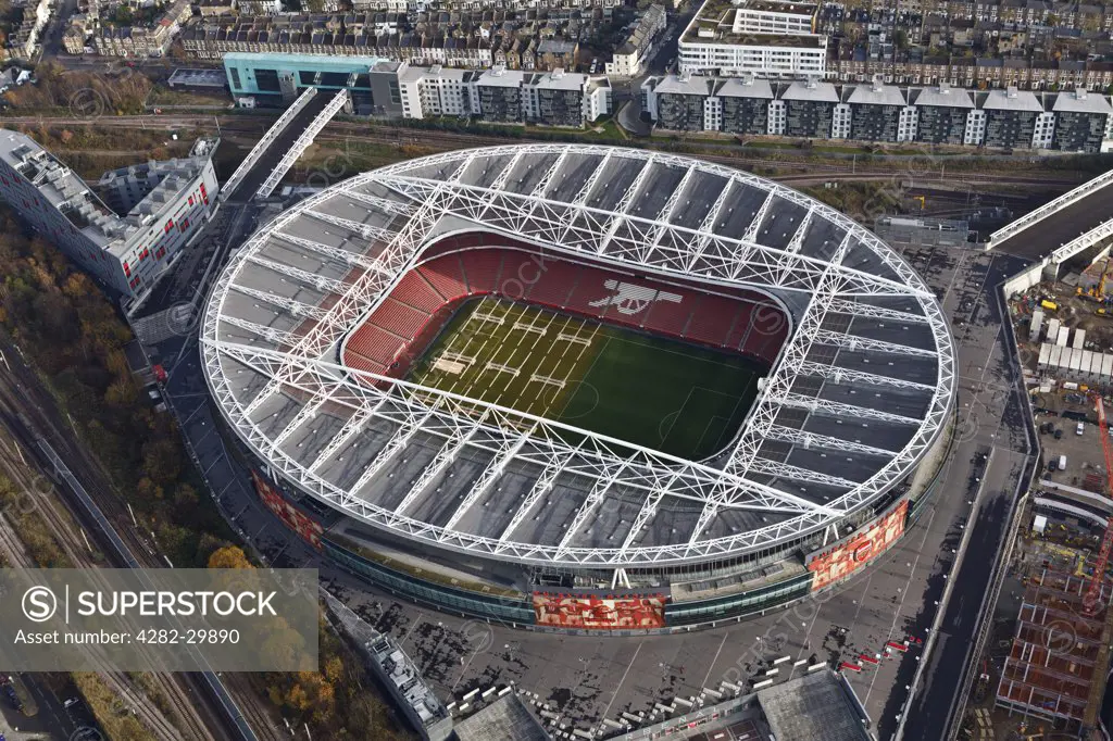 England, London, Arsenal. Aerial view the Emirates Stadium, home of Premiership football team Arsenal.
