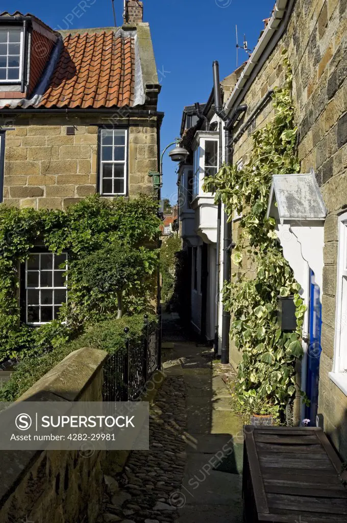 England, North Yorkshire, Robin Hood's Bay. A narrow alley between cottages in Robin Hood's Bay.