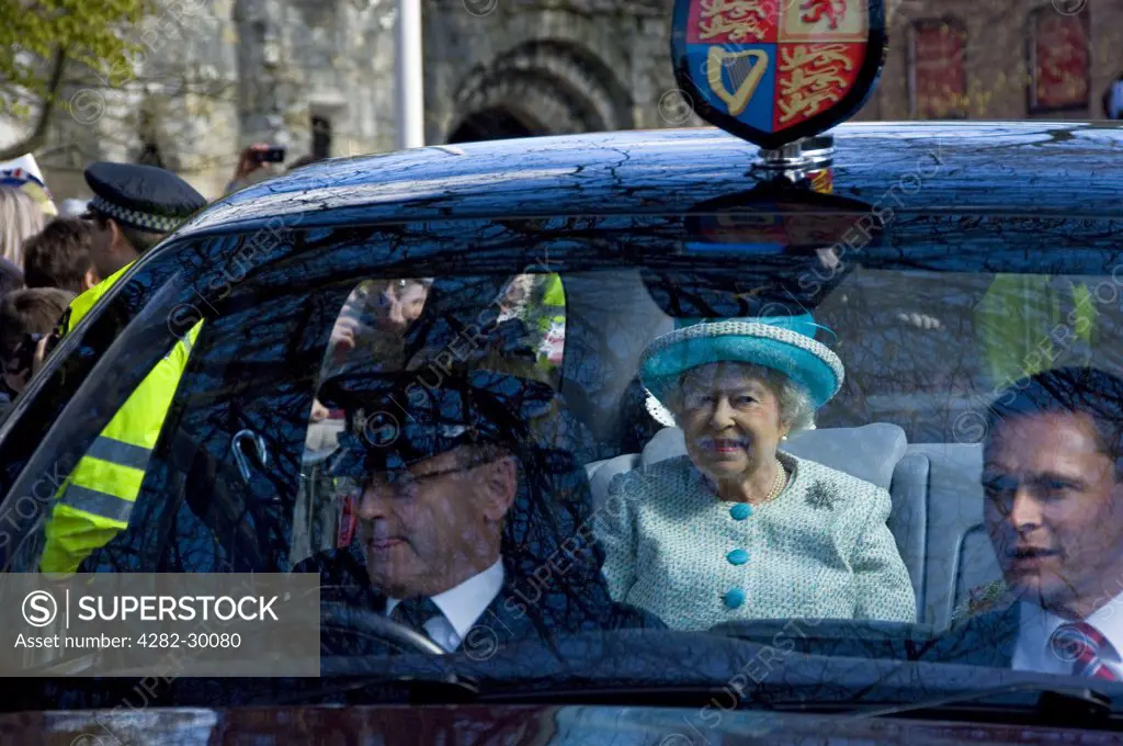England, North Yorkshire, York. Queen Elizabeth II travelling by car to visit the Yorkshire Museum in the Museum Gardens.