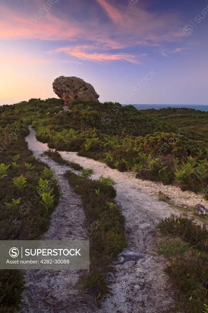 England, Dorset, Studland. Sunset at Agglestone Rock, a large sandstone rock on Studland Heath.