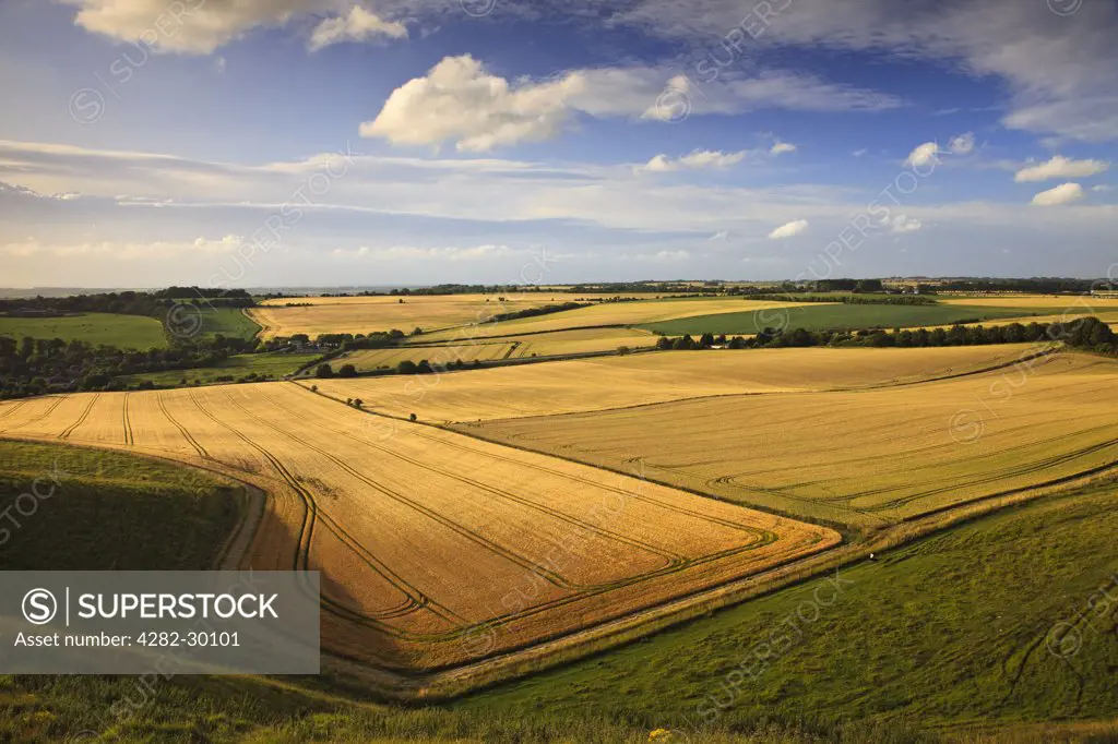England, Wiltshire, near Cherhill. View across flat plains from Oldbury Castle Iron Age hillfort near Cherhill.