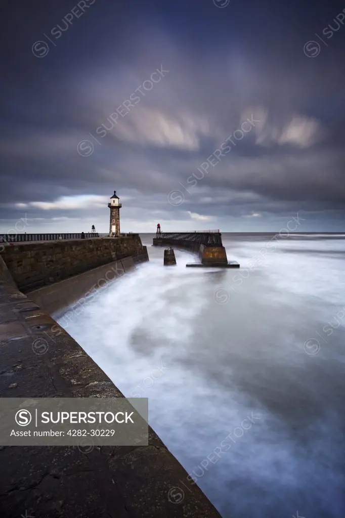England, North Yorkshire, Whitby. Whitby East Pier Light (Old), built in 1854 at the end of the East pier. Whitby East Pier Light (New) is sited at the end of the pier extension built in 1914.