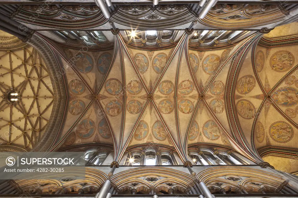 England, Wiltshire, Salisbury. Ornate rib vault ceiling of the Quire in Salisbury Cathedral.