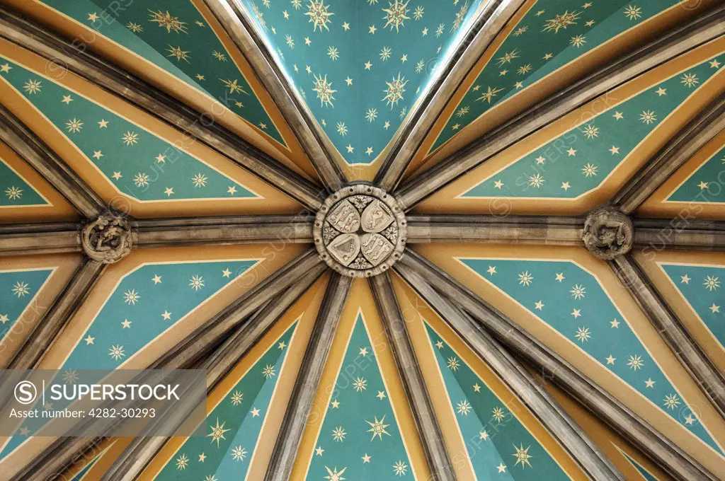 England, London, St Pancras. Ceiling above the Grand staircase in the St Pancras Renaissance Hotel.