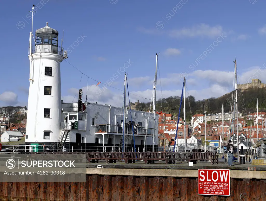 England, North Yorkshire, Scarborough. Scarborough Lighthouse on the West Pier.