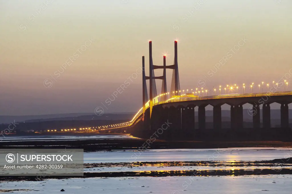 England, Gloucestershire, Severn Beach. The Second Severn Crossing over the Severn estuary at Dusk.