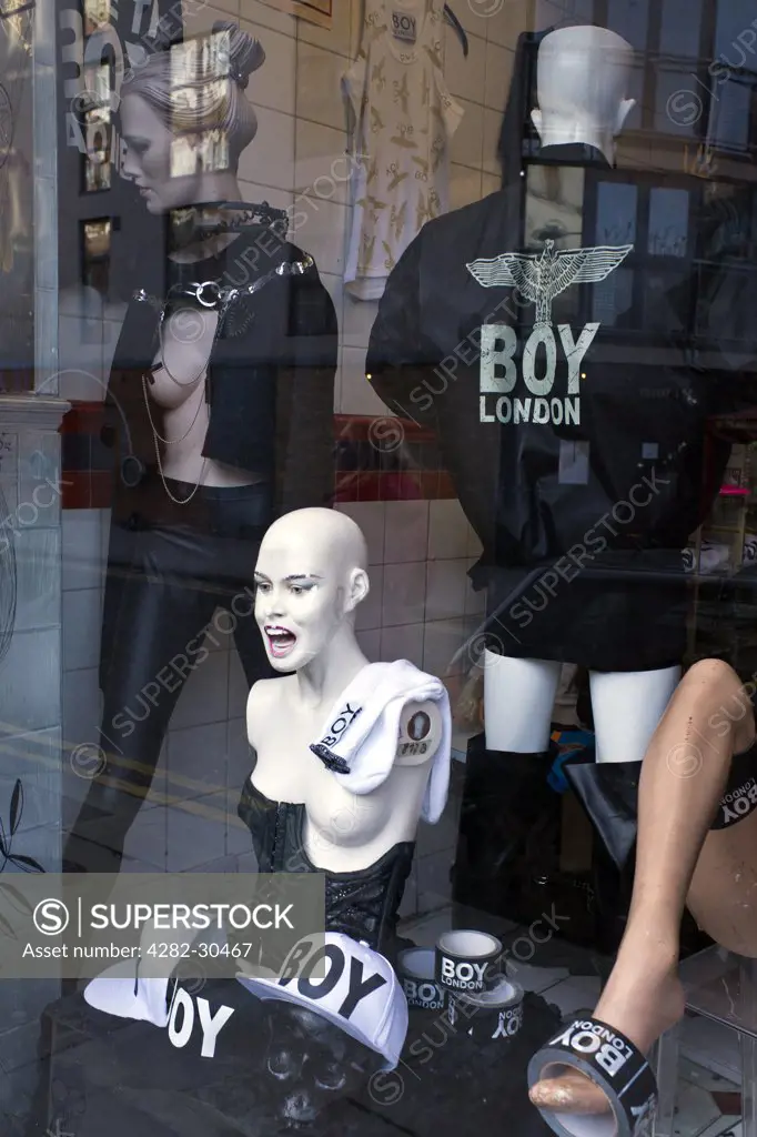 England, London, Shoreditch. BOY LONDON goods on display in the shop window of SICK in Redchurch Street in the East End of London.