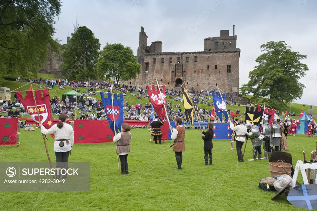 Scotland, West Lothian, Linlithgow. The arena awaits the arrival of mounted knights at a medieval re-enactment based around events at Scotland's royal court in 1503. Party at the Palace was held at Linlithgow Palace as a part of Homecoming Scotland 2009.