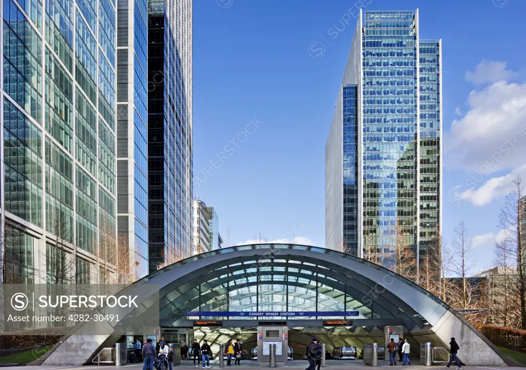 England, London, Canary Wharf. The entrance to Canary Wharf underground station in Docklands, East London.