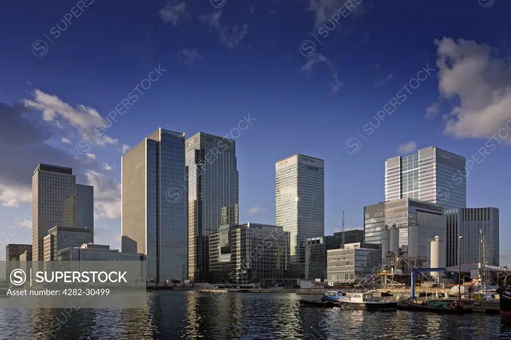 England, London, Canary Wharf. Iconic skyscrapers in Canary Wharf, one of London's two main financial centres.