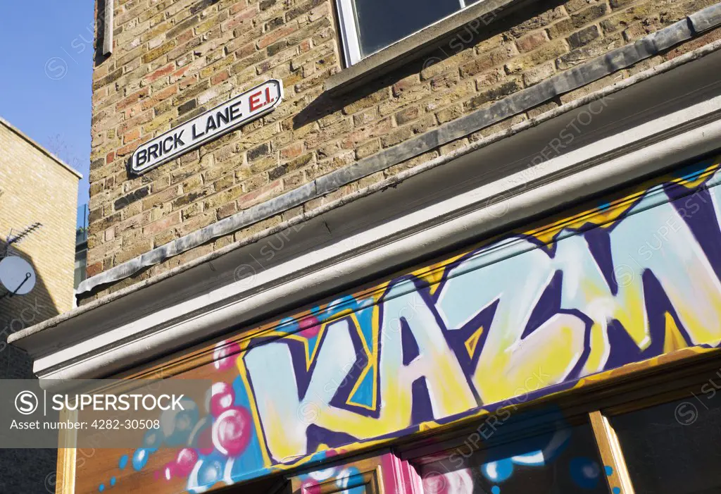 England, London, Shoreditch. Kazmattazz, a shoe and clothing retailer on Brick Lane in the East End of London.