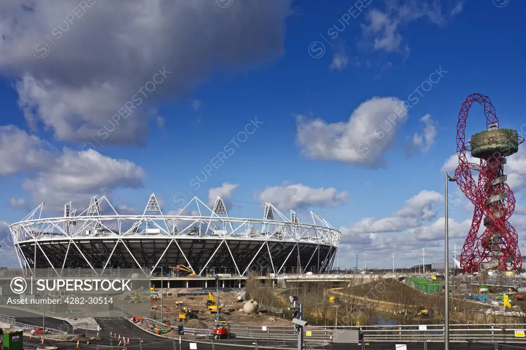 England, London, Stratford. The Olympic Stadium and ArcelorMittal Orbit in the Olympic Park.