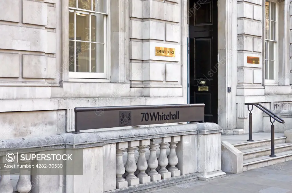 England, London, Whitehall. The entrance to the Cabinet Office at 70 Whitehall. The Cabinet Office supports the Prime Minister and the Cabinet to make government work better.