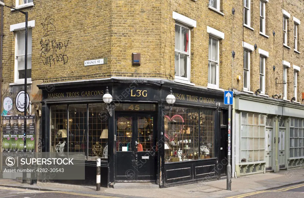 England, London, Shoreditch. Maison Trois Garcons, a lifestyle shop on the corner of Redchurch Street and Chance Street in the east end of London.