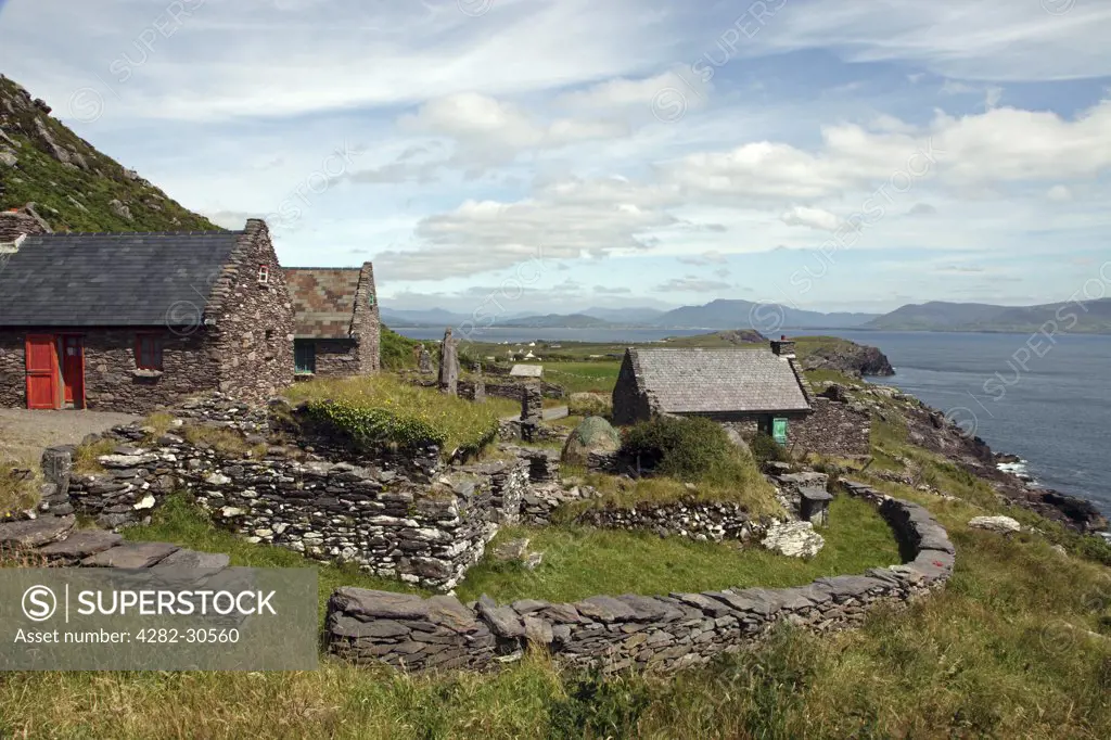 Republic of Ireland, County Kerry, Ballinskelligs. Cill Rialaig, an 18th century deserted village destined for demolition until rescued by arts patron Noelle Campbell Sharpe and restored as an artists retreat where artists may stay free of charge.