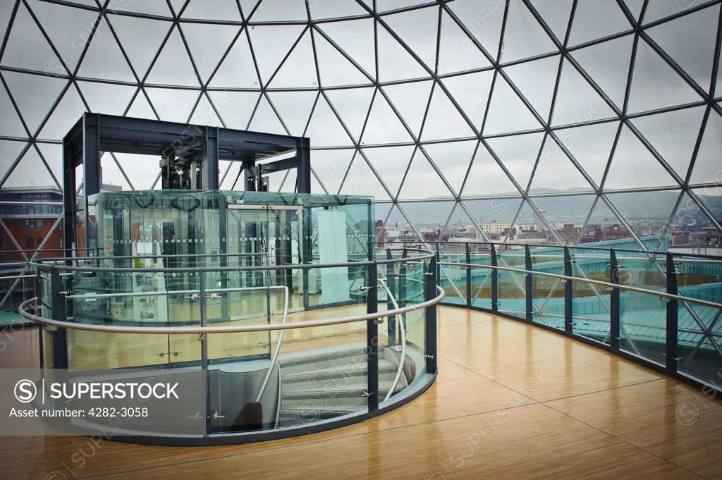 Northern Ireland, County Antrim, Belfast. The viewing gallery under the massive glass dome of Victoria Square Shopping Centre, the biggest property development ever undertaken in Northern Ireland.