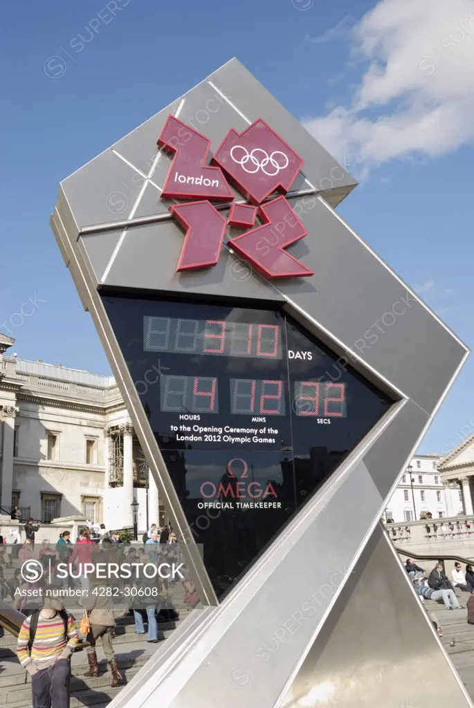 England, London, Trafalgar Square. Olympic Games London 2012 countdown clock in Trafalgar Square.