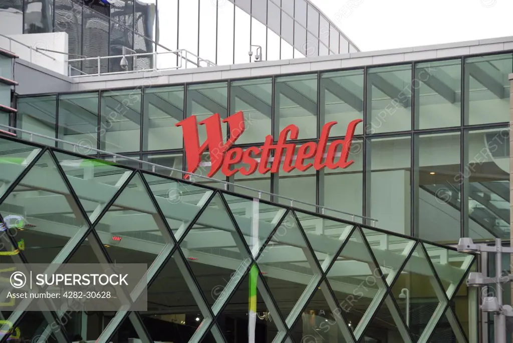 England, London, Stratford. Westfield Stratford City shopping centre sign on the outside of the building. The centre opened in 2011 and is the 3rd largest shopping centre in the UK.