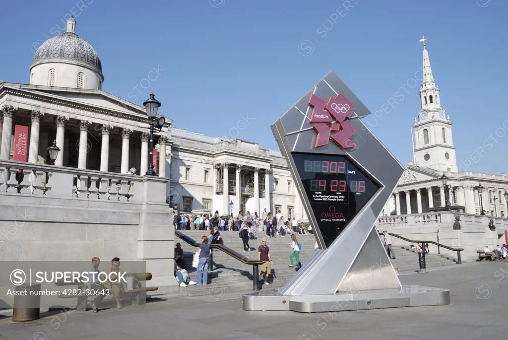 England, London, Trafalgar Square. Olympic Games London 2012 countdown clock in Trafalgar Square.
