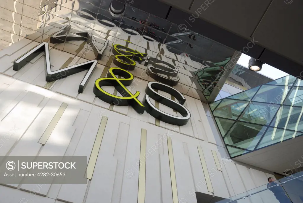 England, London, Stratford. M & S (Marks & Spencer) sign on their store at Westfield Stratford City.