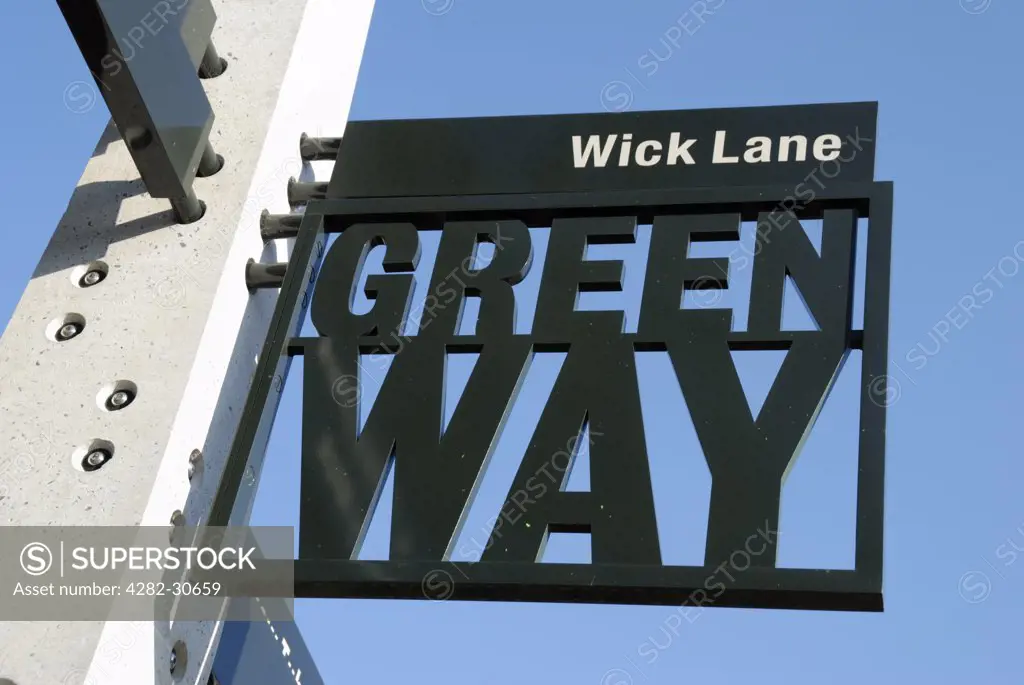 England, London, Bow. Greenway footpath and cycleway sign at Wick Lane in Bow.
