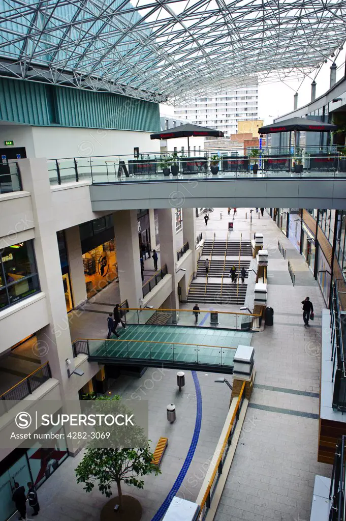 Northern Ireland, County Antrim, Belfast. Bridges connecting the multi-levels of a covered street in the Victoria Square Shopping Centre, the biggest property development ever undertaken in Northern Ireland.
