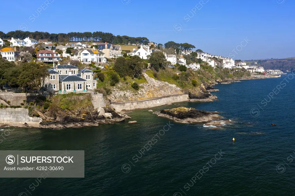 England, Cornwall, Fowey. View towards Fowey, an historic town and commercial seaport on the River Fowey, from St Catherine's Castle.