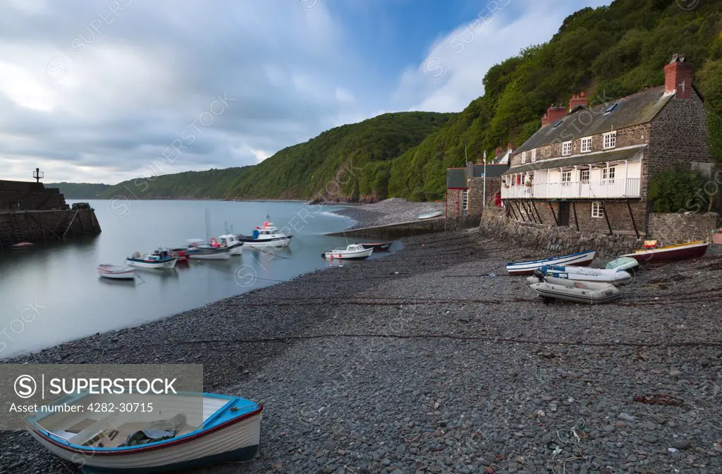 England, Devon, Clovelly. Fishing boats moored in the harbour of Clovelly, a world famous, privately owned fishing village in North Devon.