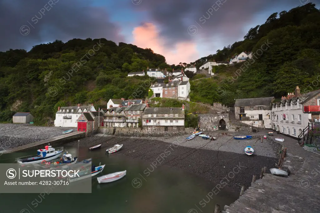 England, Devon, Clovelly. Fishing boats moored in the harbour of Clovelly, a world famous, privately owned fishing village in North Devon.