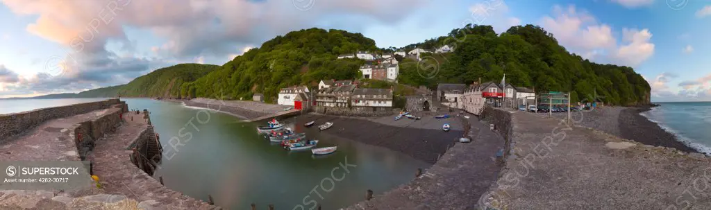 England, Devon, Clovelly. Panoramic view from the quay of the world famous fishing village of Clovelly.