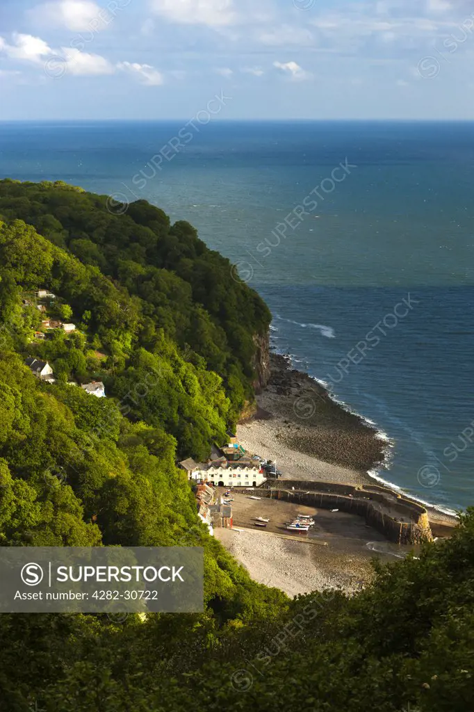England, Devon, Clovelly. View down to the world famous fishing village of Clovelly from The Hobby Drive.