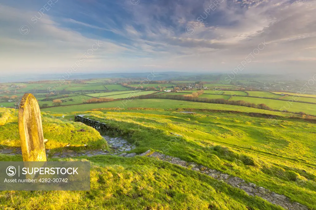 England, Devon, Brentor. View from the Church of St Michael on top of Brent Tor over the rural Dartmoor landscape.