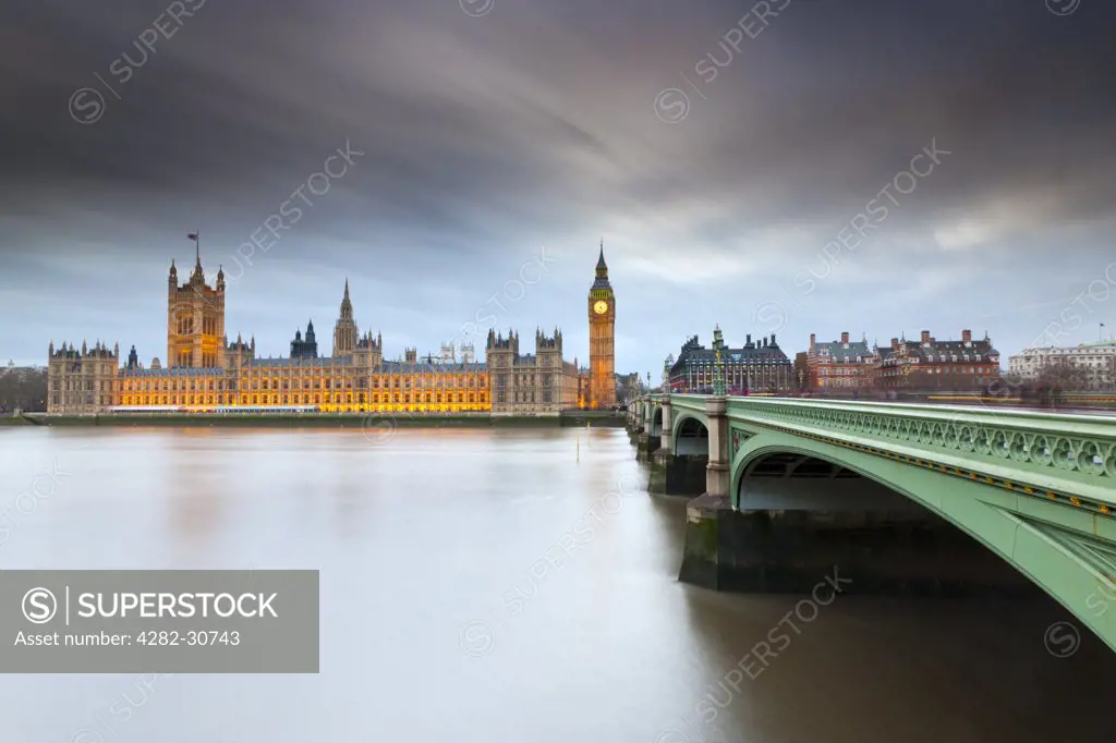 England, London, Westminster. Westminster Bridge over the River Thames leading towards Big Ben and the Houses of Parliament.